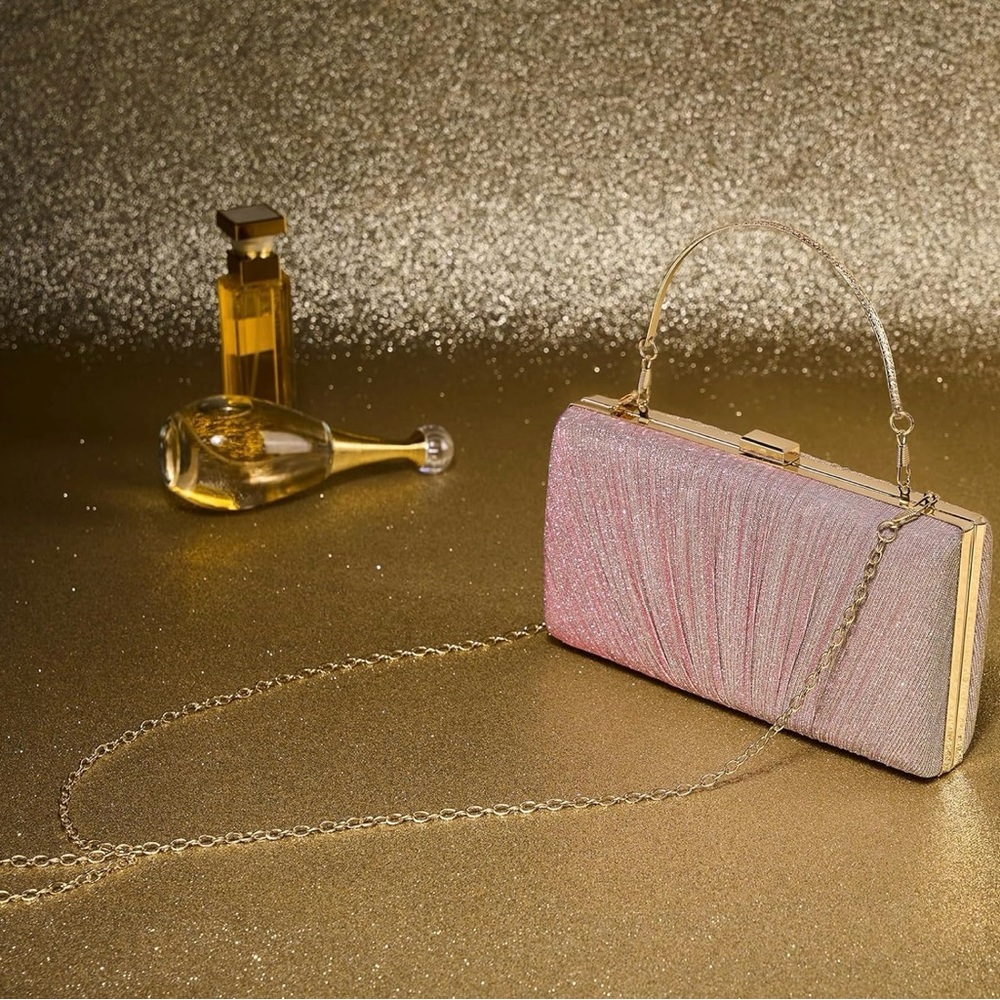 Kseymeir Pink & Gold Clutch Purse for Women | Pleated Evening Hangbag with Chain - Picture 4 of 4